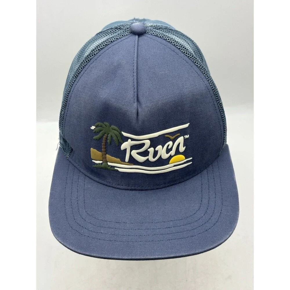 RVCA Trucker Hat Mid Fit Blue Snapback Mesh Rubber Logo Beach Surf Cap OSFM